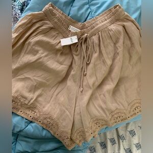aerie High-Waist Scalloped Hem Drawstring Shorts — Tan